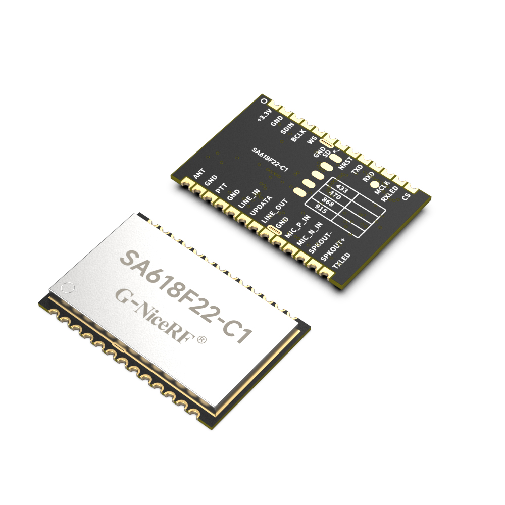 SA618F22-C1是我司一款升級版的無線數(shù)字和音頻二合一的全雙工傳輸模塊，具有更短的延時(shí)時(shí)間，同時(shí)支持8人同時(shí)高音質(zhì)通話。模塊支持多路并發(fā)并收功能，支持多級的中繼遠(yuǎn)傳、空中升級或者串口升級。模塊采用了寬帶擴(kuò)頻技術(shù)，具有功耗低、距離遠(yuǎn)、頻率調(diào)節(jié)靈活等特點(diǎn)。